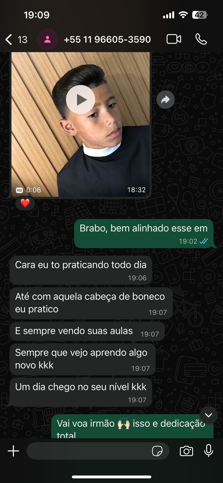 Aluno contando que pratica todos os dias com as aulas da Formação RB PRO