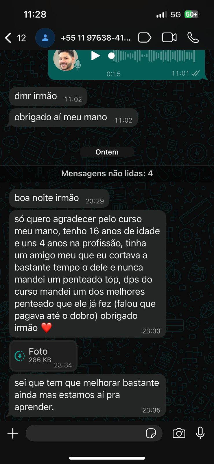 Aluno relatando que o cliente valorizou mais o penteado depois do curso